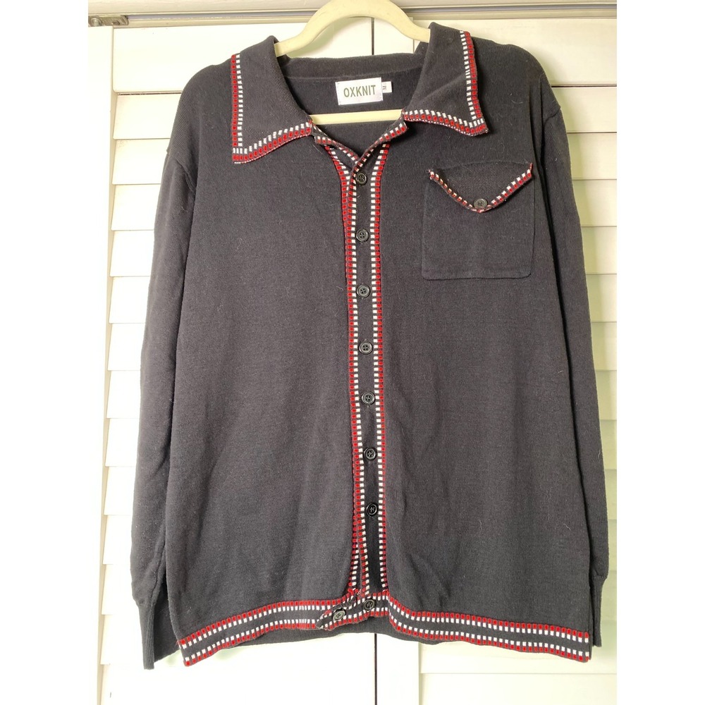 OXKNIT 50's Mens Black Knit Button Down Polo Cardigan Sweater Red White Trim M